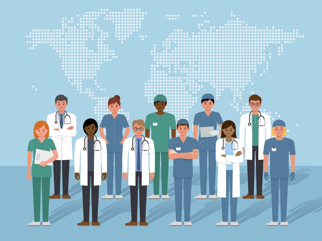 Illustration of a group of doctors and medical staff in front of a world map