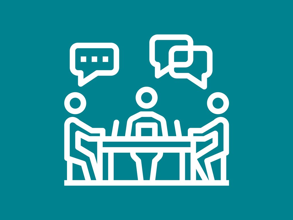 Icon of board members sitting around a table on a teal background.