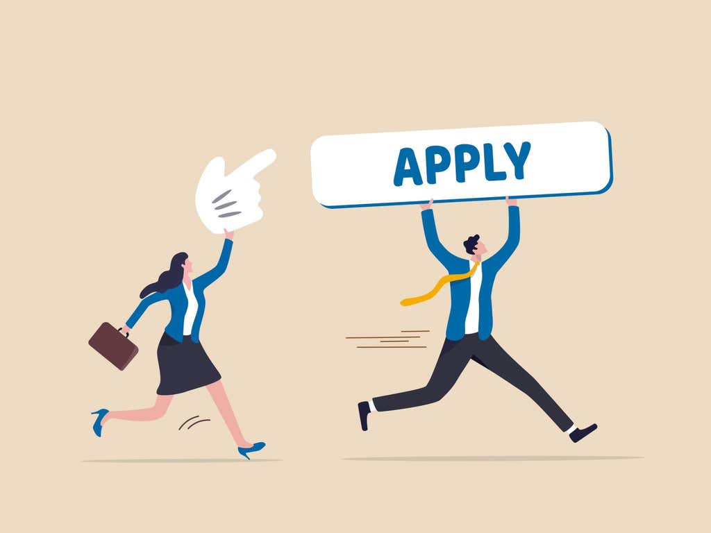 Apply new opportunity concept, businessman holding apply now button and businesswoman with mouse pointer to click.