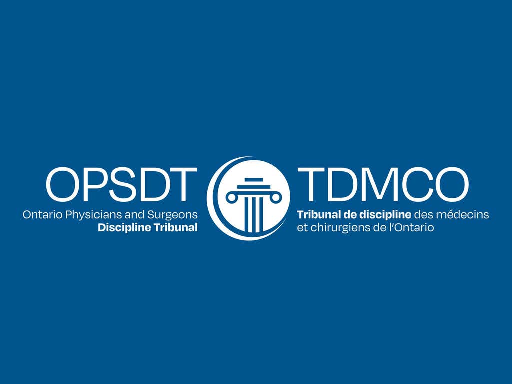 Ontario Physicians and Surgeons Discipline Tribunal logo on a blue background.