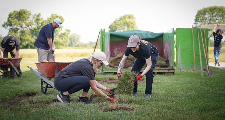 group of people outside laying grass