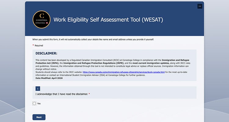 form showing Work Eligibility Self Assessment Tool (WESAT)