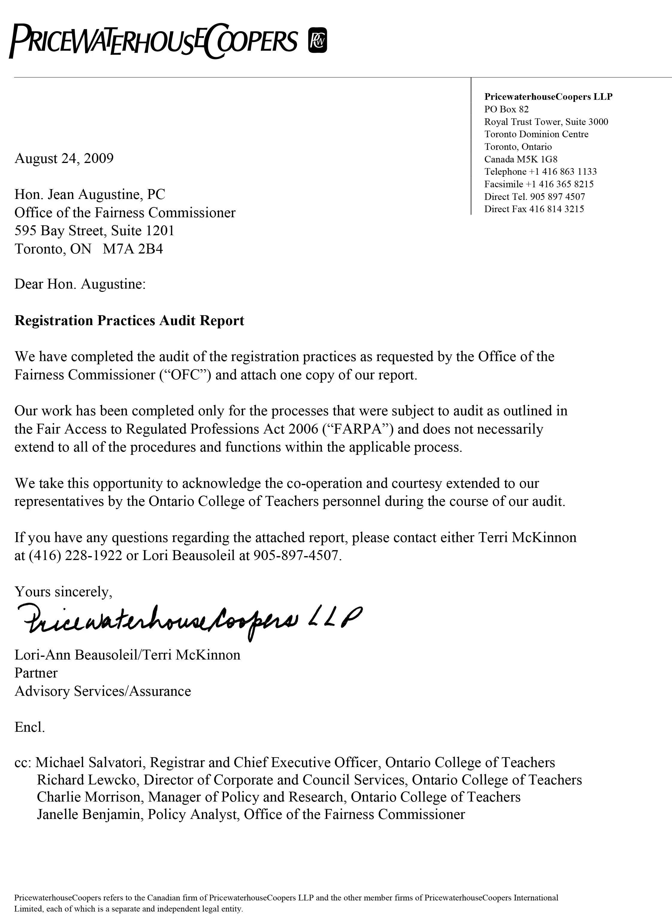 Fair Registration Practices Audit Letter 2009