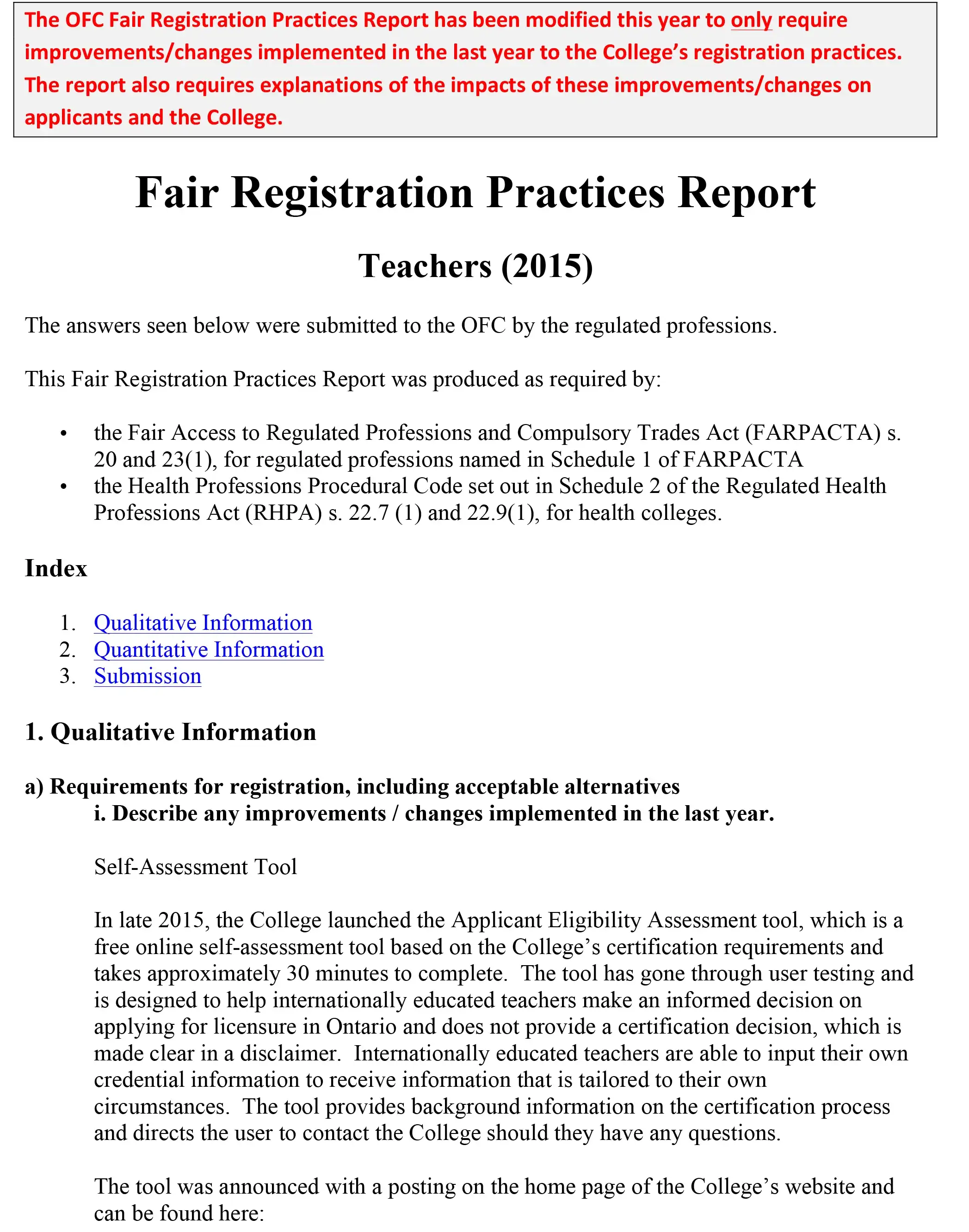 Fair Registration Practices Report 2015 cover