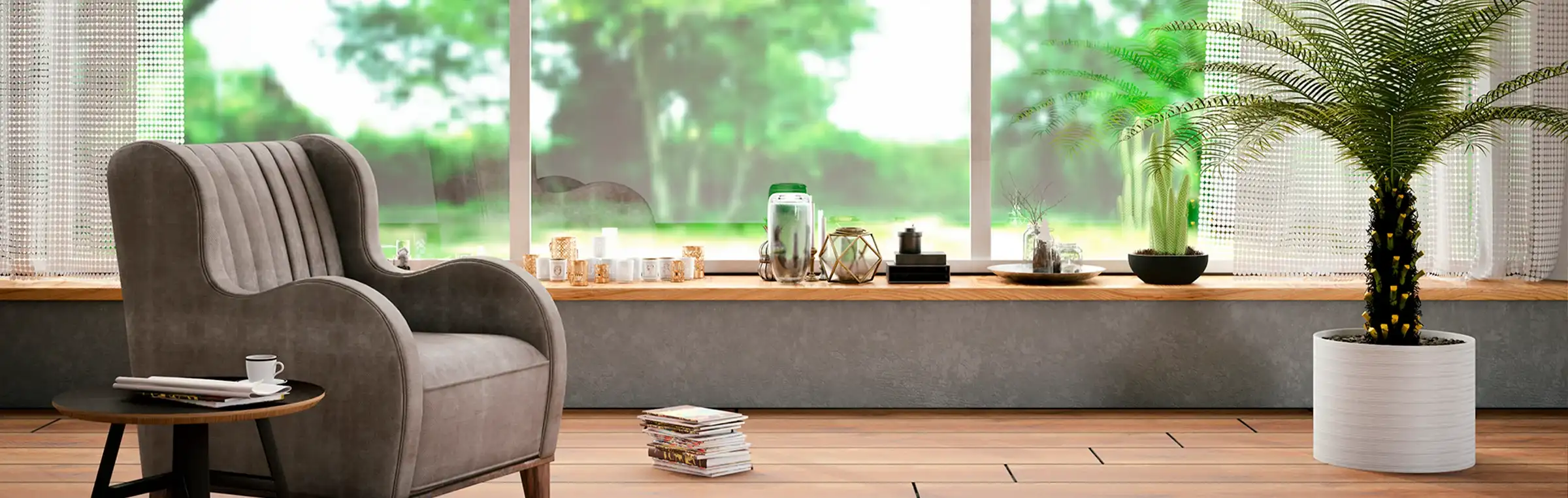 Photo of an office armchair in a room beside a window.