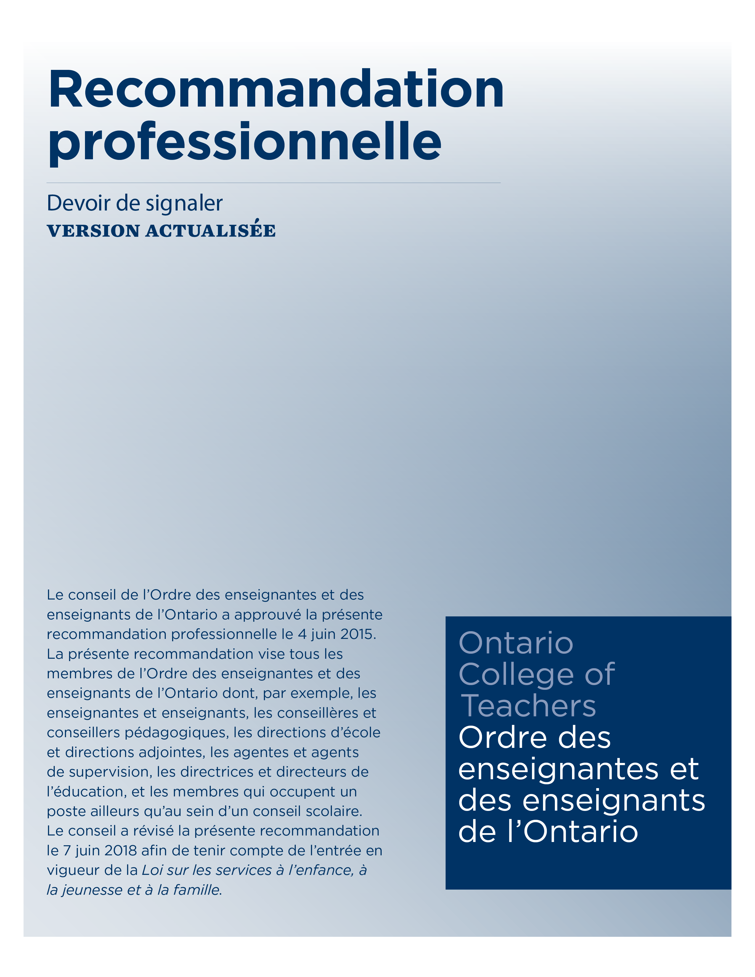 Couverture de la recommandation professionnelle intitulée Devoir de signaler