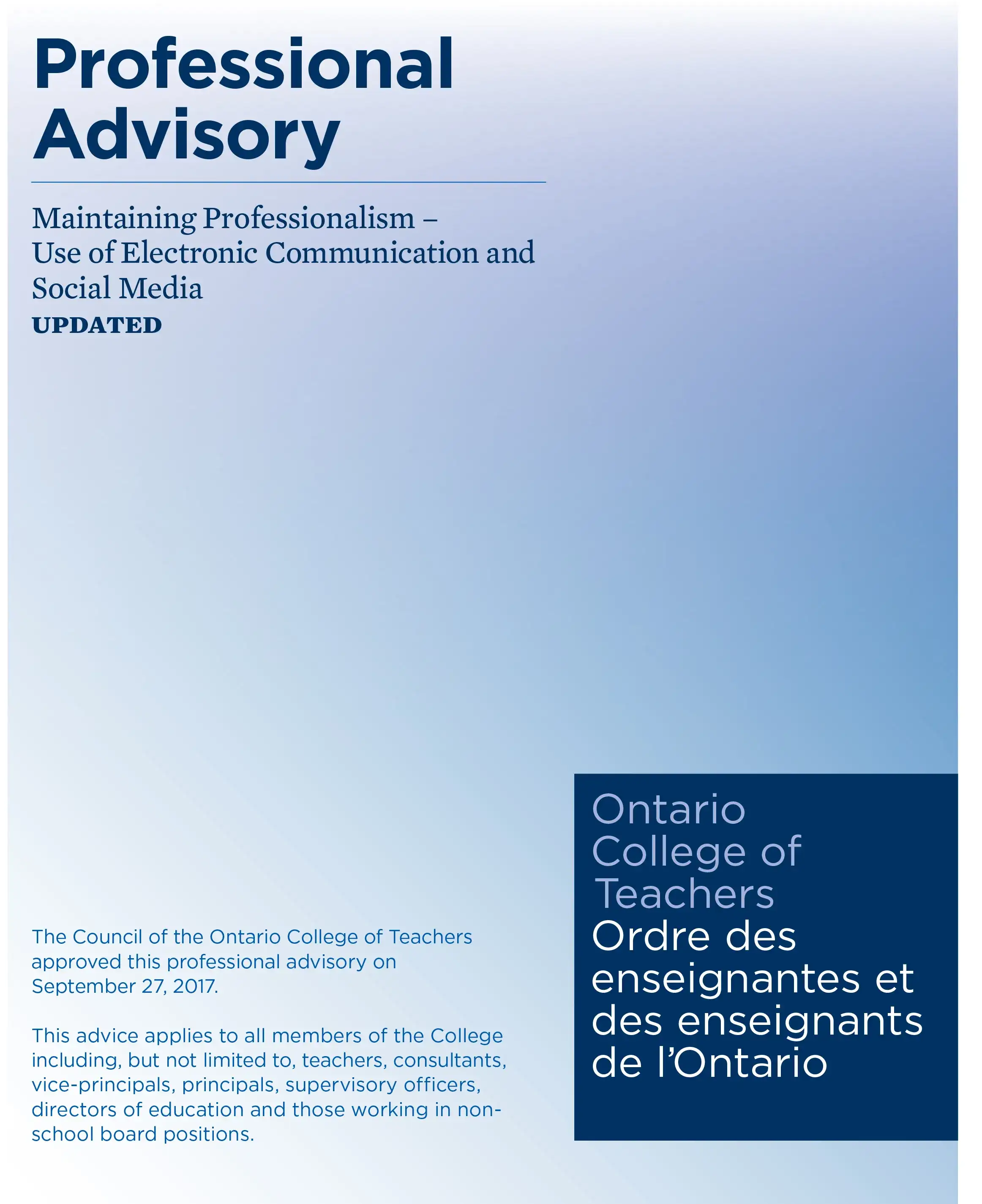 Professional Advisories | Ontario College of Teachers