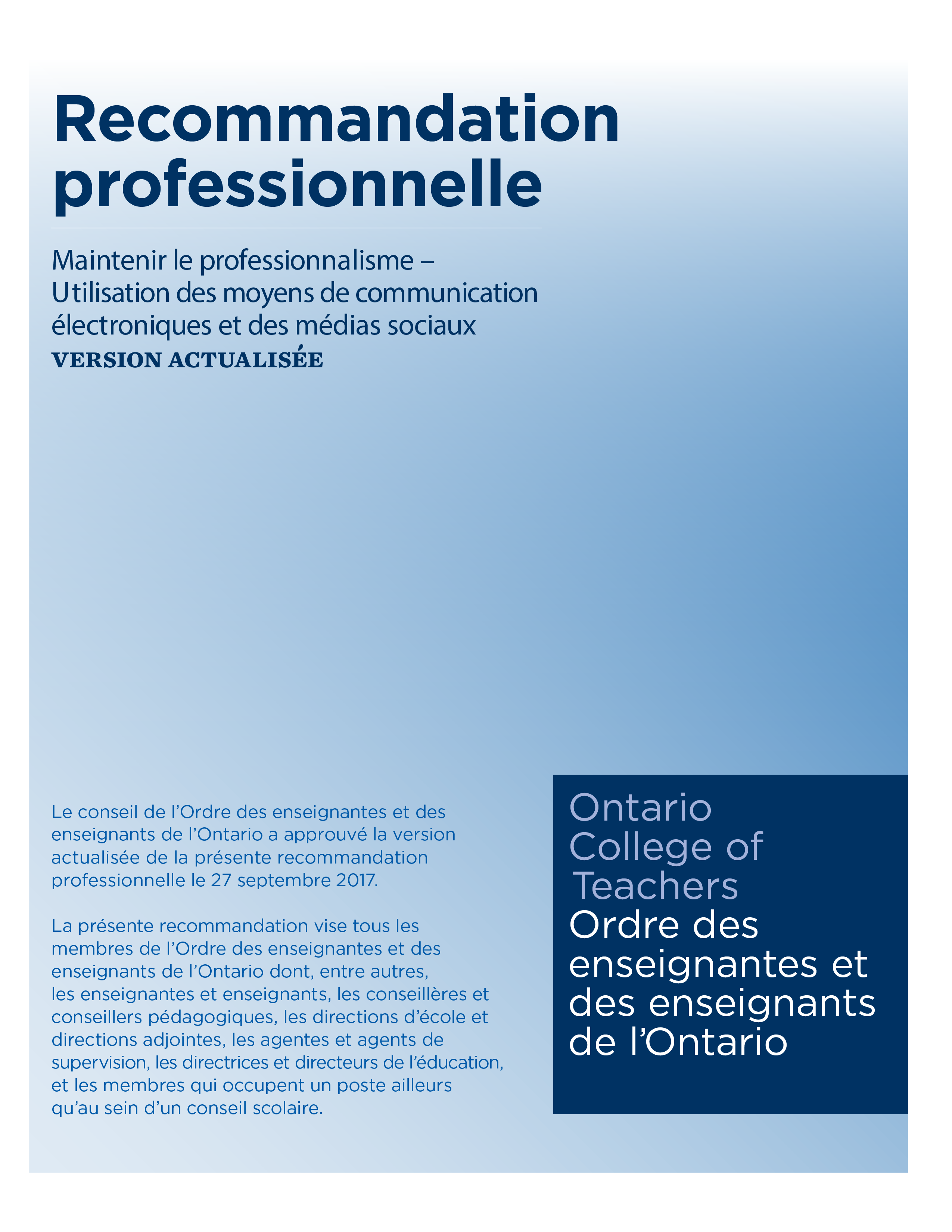 Couverture de la recommandation professionnelle intitulée Maintenir le professionnalisme – Utilisation des moyens de communication électroniques et des médias sociaux – Mise à Jour