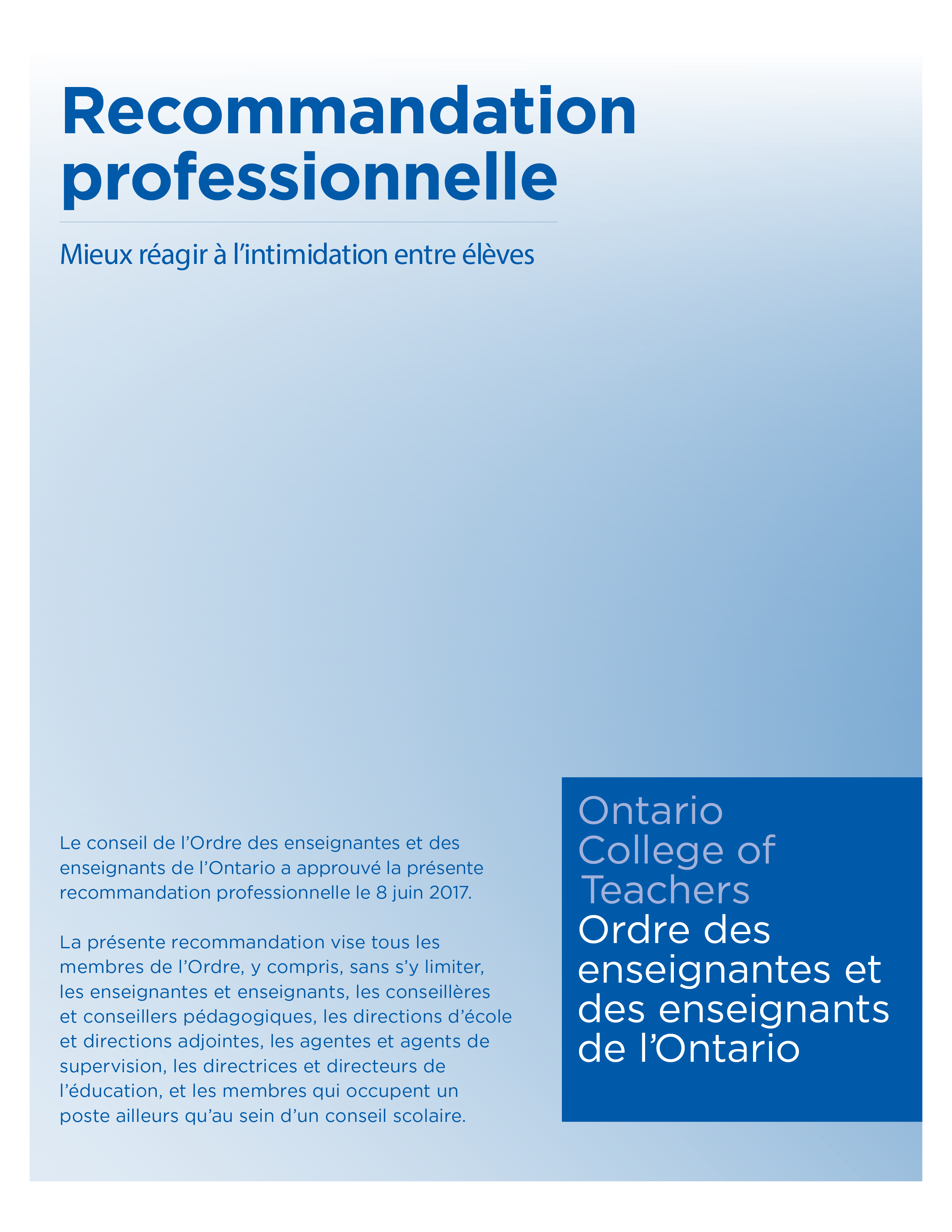 Couverture de la recommandation professionnelle intitulée Mieux réagir à l’intimidation entre élèves