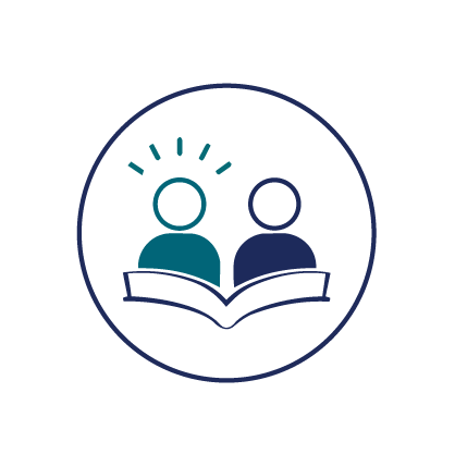Two people learning together from an open book, symbolizing student growth and lifelong learning.
