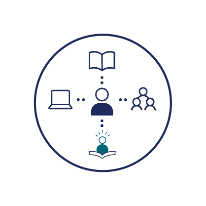 Person connected to learning resources, technology, and community knowledge, representing informed professional practice.