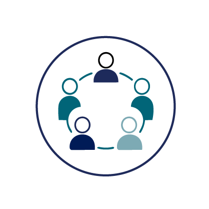 Five connected people arranged in a circle, symbolizing teamwork, partnership, and shared professional responsibility.