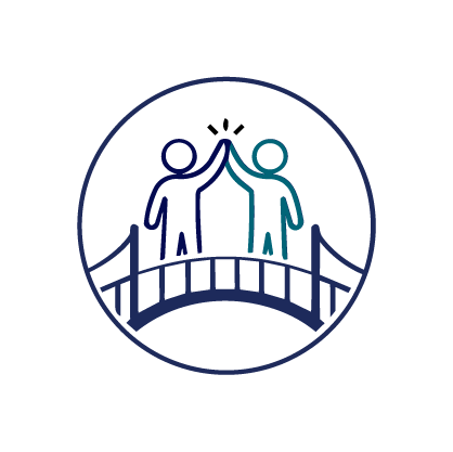 Two people meeting in the centre of a bridge with raised hands, symbolizing trust, connection, and relationship-building.
