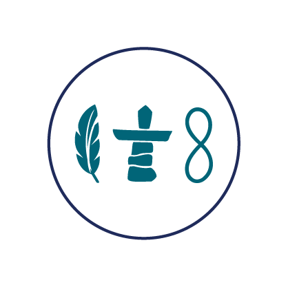 Feather, Inukshuk, and infinity symbol representing Indigenous knowledge, cultures, and Truth and Reconciliation.