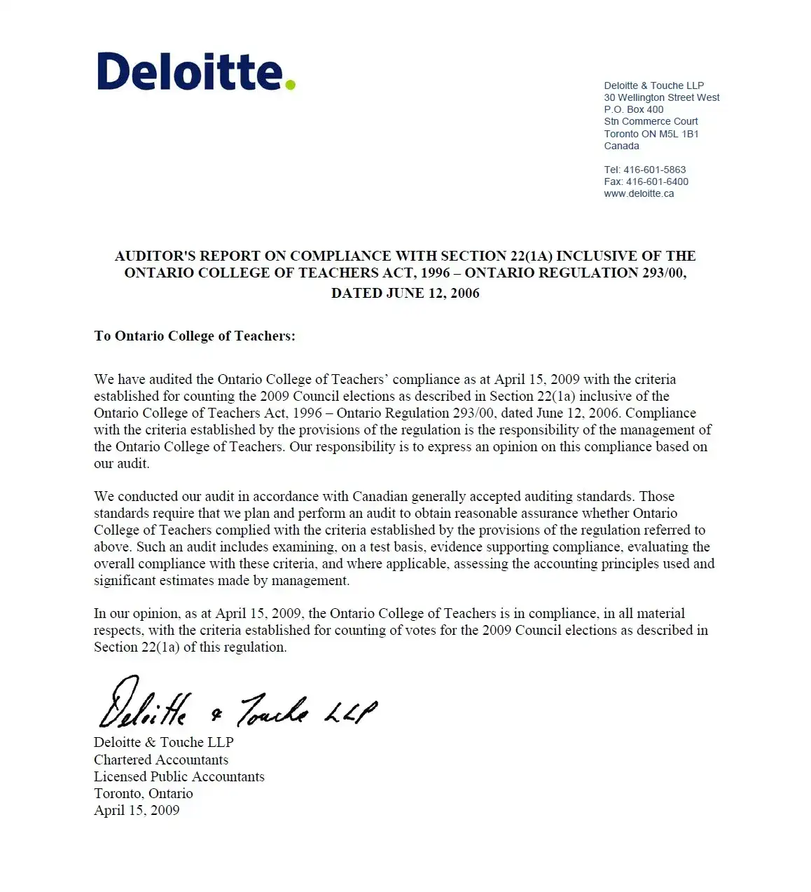 Auditor's Report on Compliance with Section 22(A) cover