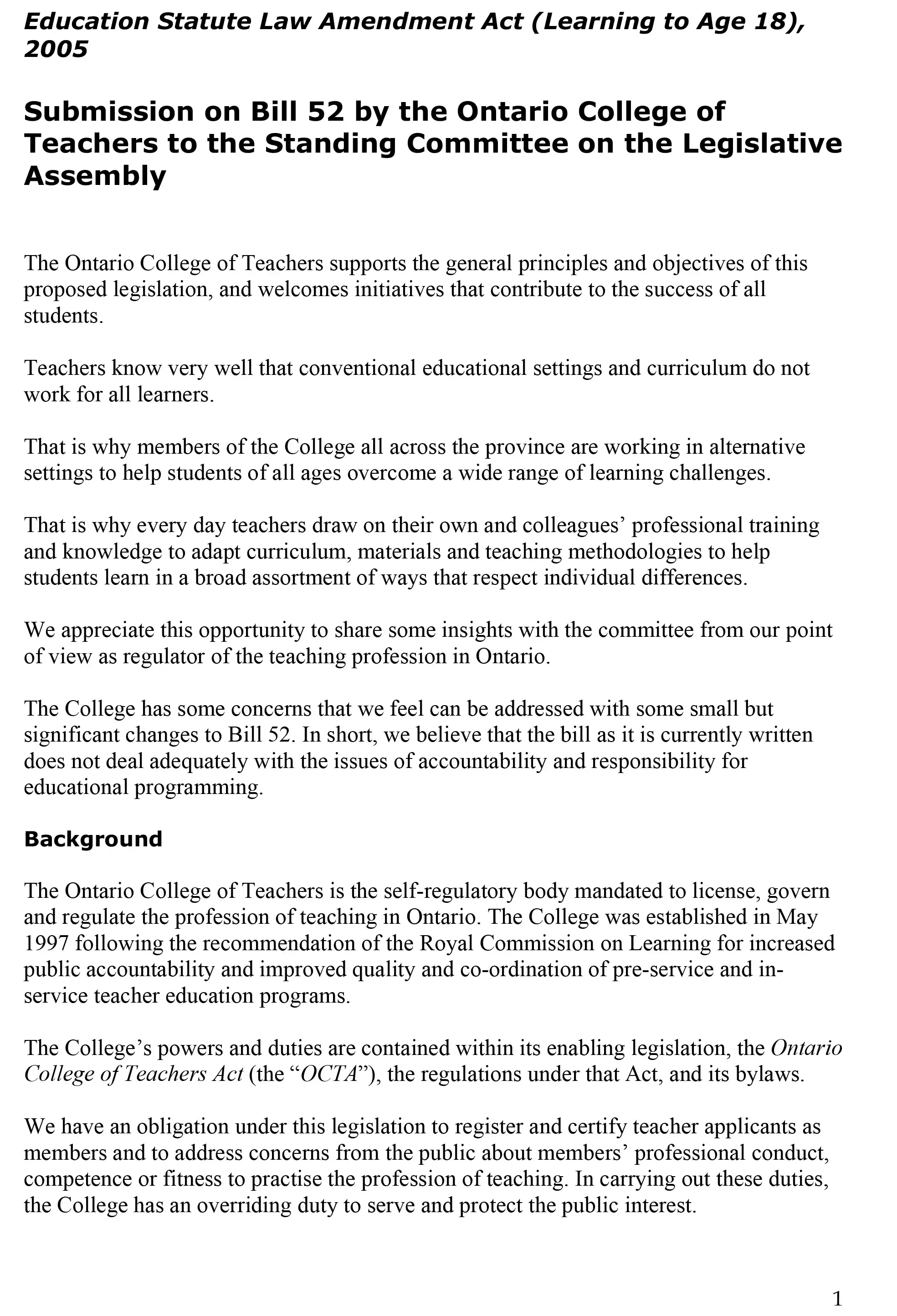 Bill 52 – Submission to the Standing Committee of the Legislative Assembly cover