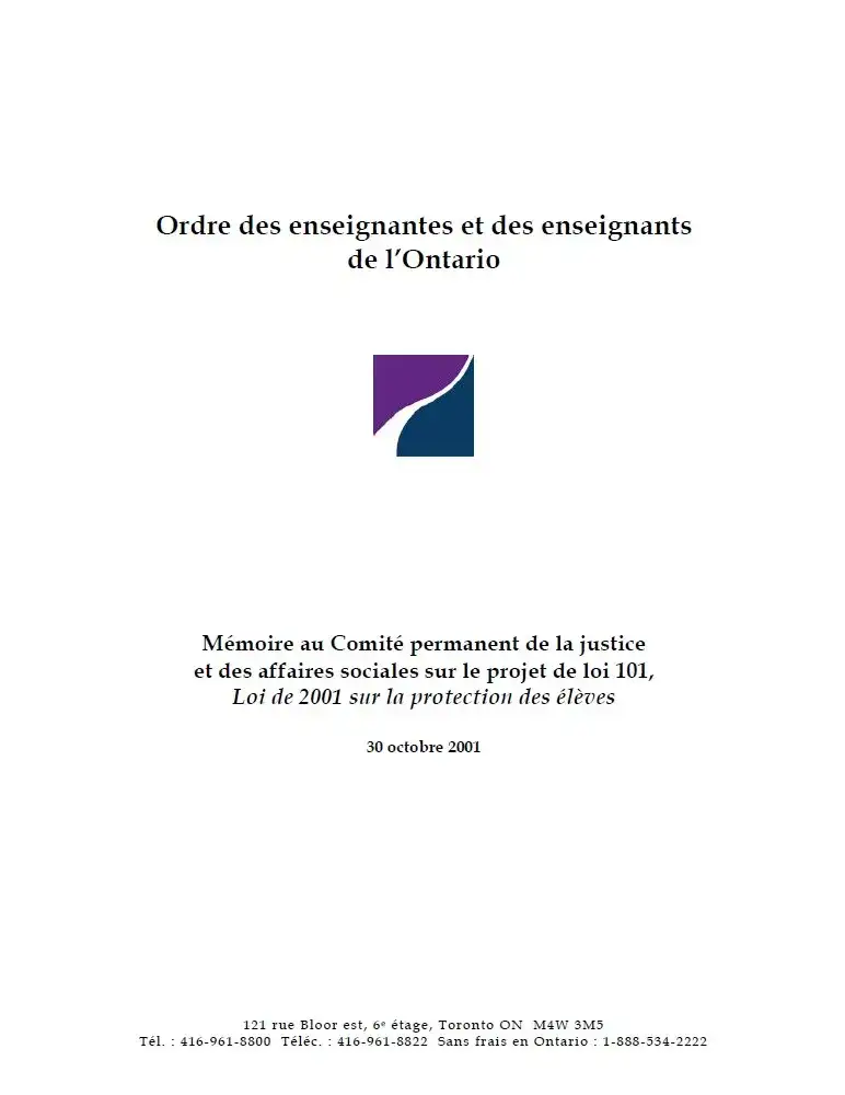 Couverture de Projet de loi 101, Loi de 2001 sur la protection des élèves – mémoire au comité permanent de la justice et des affaires sociales.
