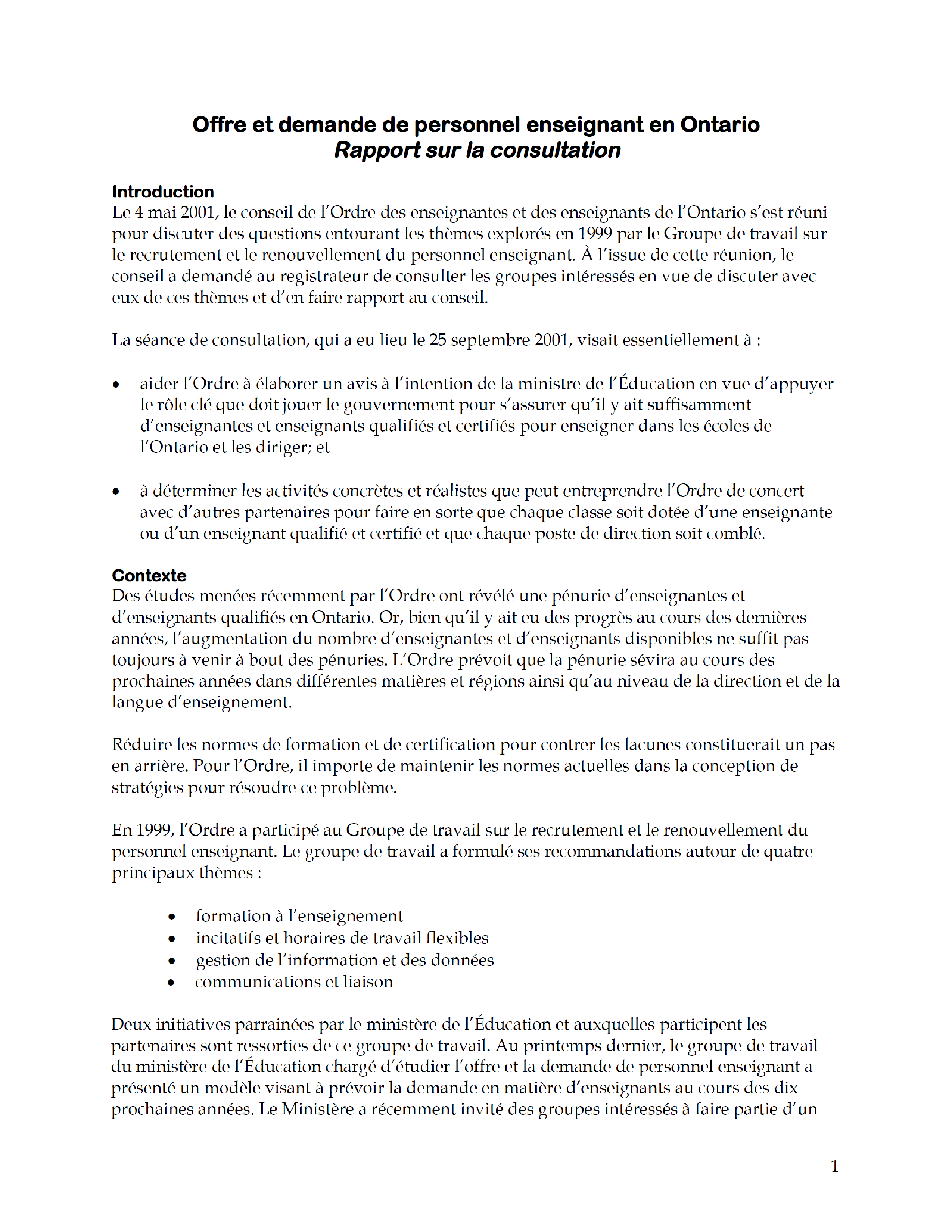 Couverture de Offre et demande de personnel enseignant en Ontario : Rapport sur la consultation.