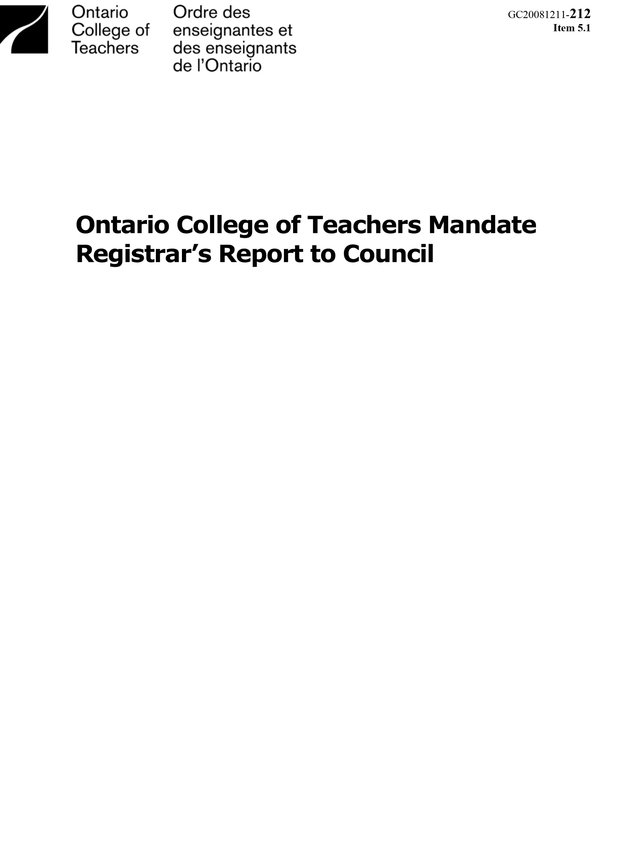 Ontario College of Teachers Mandate Registrars Report to Council cover