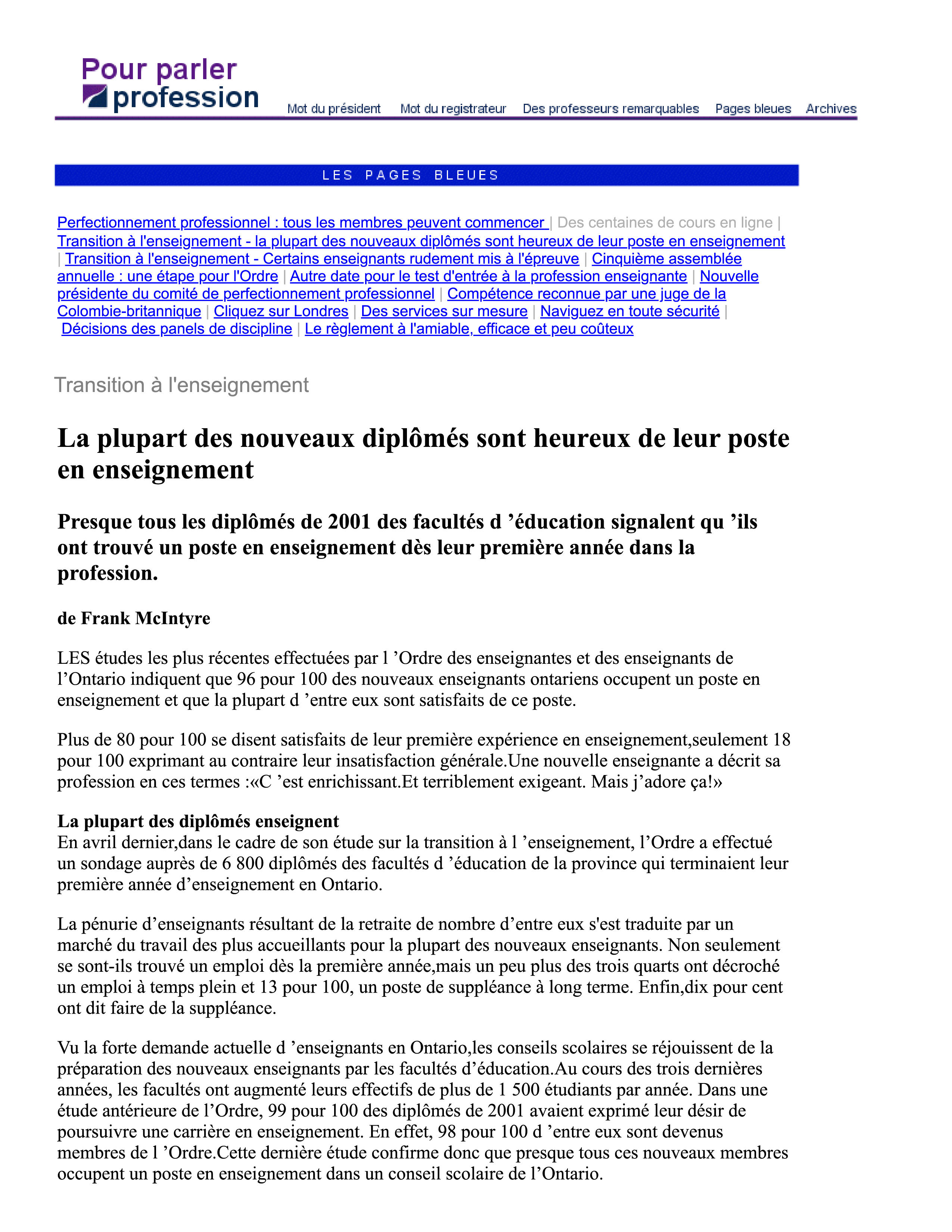 Couverture de Transition à l’enseignement 2002
