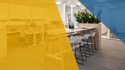 Une image d'un espace de bureau lumineux et moderne avec des cabines et des tables collaboratives. Il y a une superposition transparente bleue et dorée sur l'image.